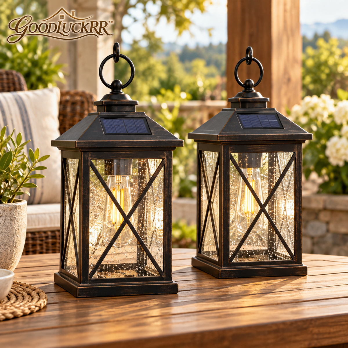 GOODLUCKRR™ Farmhouse Solar Lantern Lights, Set of 2 Rustic Outdoor Hanging Lanterns, Vintage Cottage Garden Accent for Patio, Porch & Backyard